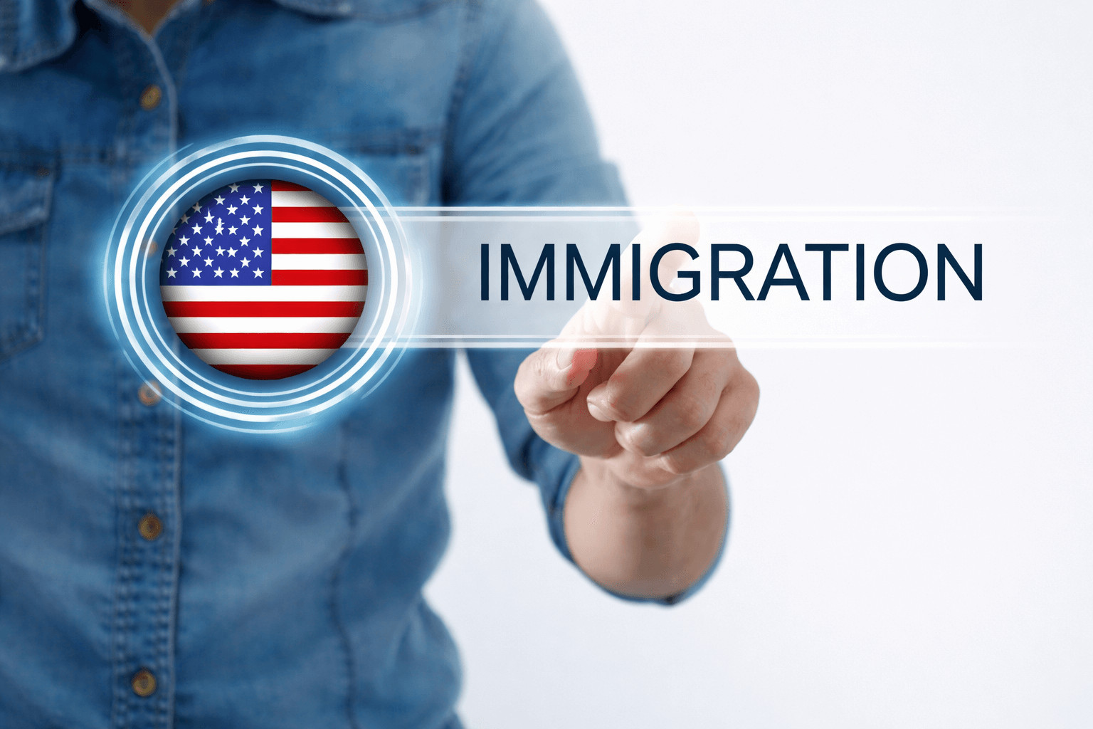 A person touches a virtual button with the US flag next to "IMMIGRATION," suggesting a focus on US immigration or mandamus lawyer services.