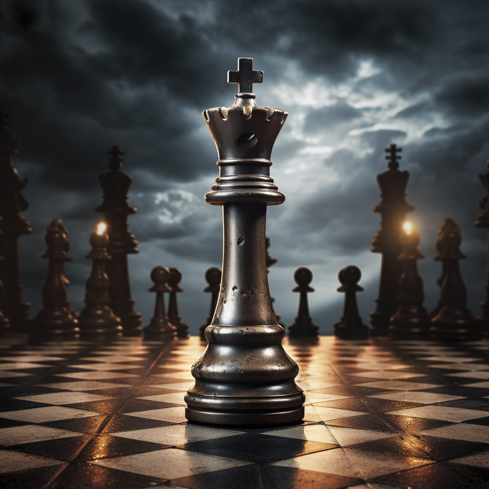 A metallic chess queen stands on a checkered board, surrounded by other chess pieces under a cloudy, dramatic sky with dim lighting—much like a mandamus lawyer navigating complex legal challenges.