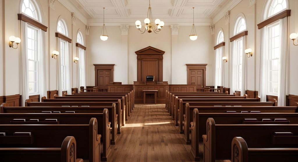 A spacious, empty courtroom with wooden benches, large windows, and a judge’s bench at the front under a chandelier—an ideal setting for a mandamus lawyer to present their case.