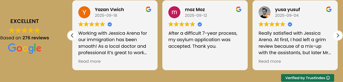 Three customer reviews with five-star ratings for Jessica Arena, a skilled mandamus lawyer, are shown, highlighting positive experiences with immigration and asylum services. Google and Trustindex logos are visible.