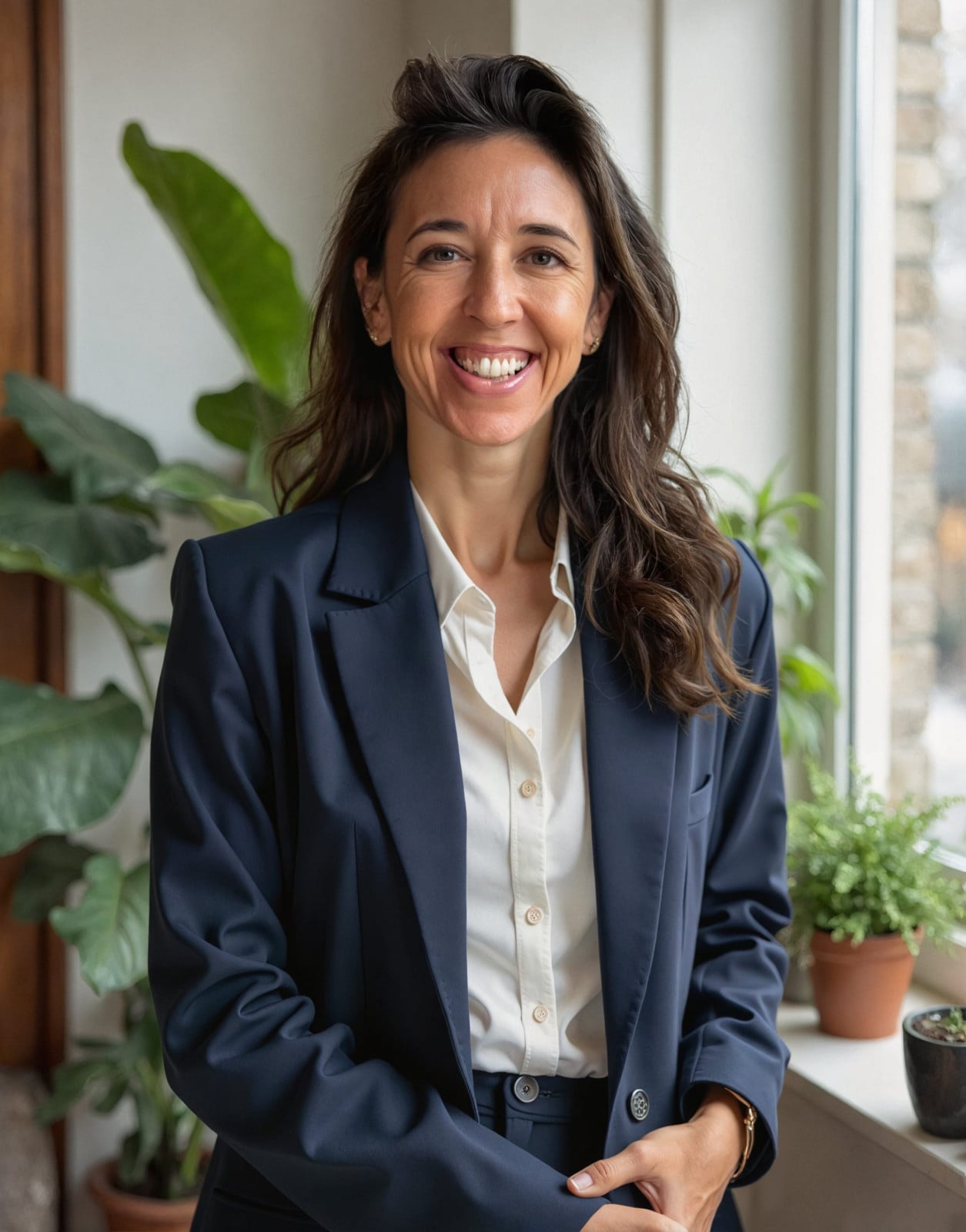 A mandamus lawyer in a navy blazer and white shirt stands indoors near a window, smiling, with green potted plants in the background.
