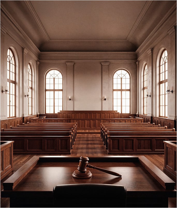 Empty courtroom with wooden benches, large arched windows, and a judge's desk featuring a gavel in the foreground—an ideal setting for a mandamus lawyer to present their case.