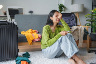 A woman sits on the floor next to an open suitcase, holding her phone and crying, with clothes scattered around her in a living room—perhaps after receiving difficult news from her mandamus lawyer.