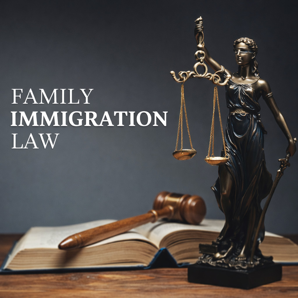 A statuette of Lady Justice stands beside a wooden gavel and an open book, with the text "Family Immigration Law" displayed on a dark background—an apt scene for a mandamus lawyer dedicated to justice and timely case resolution.